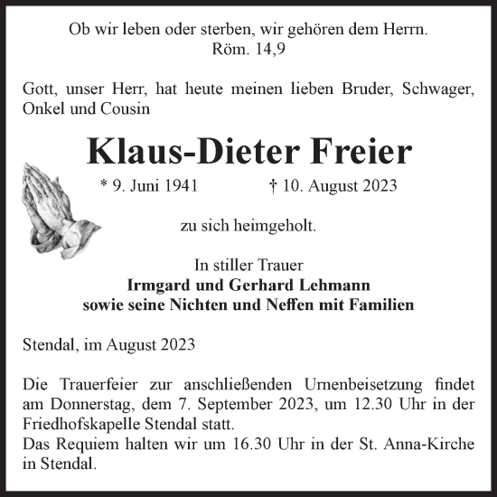 Traueranzeige von Klaus-Dieter Freier von Volksstimme Altmark Ost
