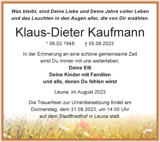 Traueranzeige von Klaus-Dieter Kaufmann von Trauerkombi Merseburg
