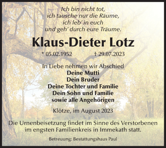 Traueranzeige von Klaus-Dieter Lotz von Volksstimme Altmark West