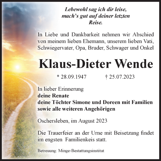 Traueranzeige von Klaus-Dieter Wende von Volksstimme Oschersleben/Wanzleben