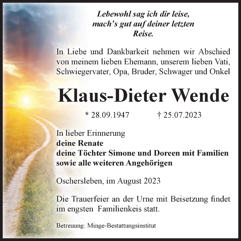  Traueranzeige für Klaus-Dieter Wende vom 12.08.2023 aus Volksstimme Oschersleben/Wanzleben