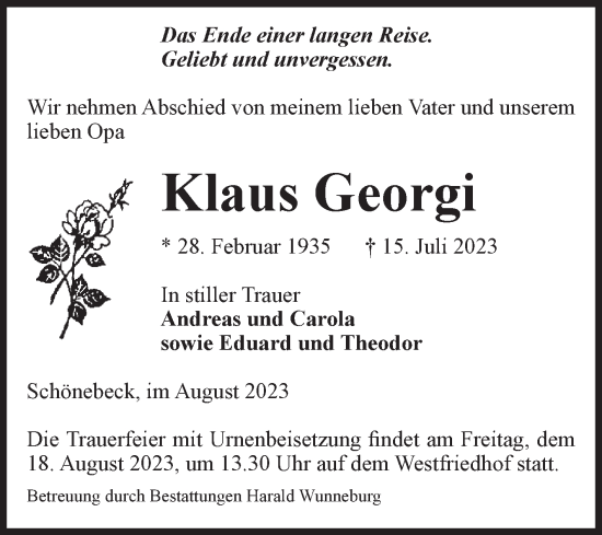Traueranzeige von Klaus Georgi von Volksstimme Schönebeck