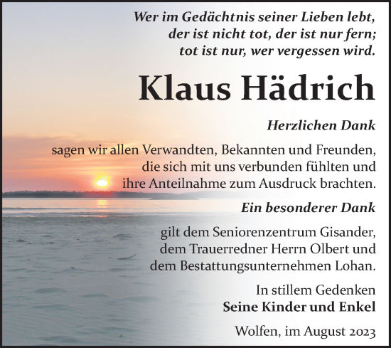 Traueranzeige von Klaus Hädrich von Trauerkombi Bitterfeld