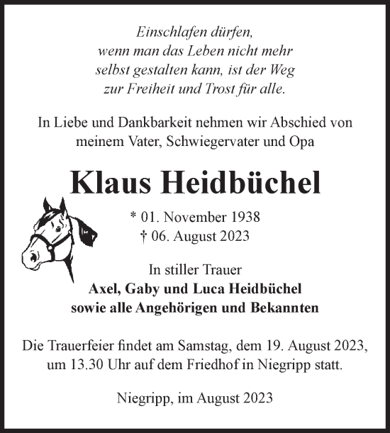 Traueranzeige von Klaus Heidbüchel von Volksstimme Burg/Genthin