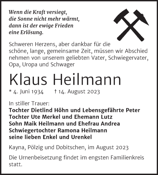 Traueranzeige von Klaus Heilmann von Trauerkombi Zeitz