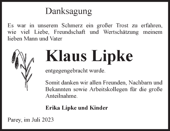 Traueranzeige von Klaus Lipke von Volksstimme Burg/Genthin