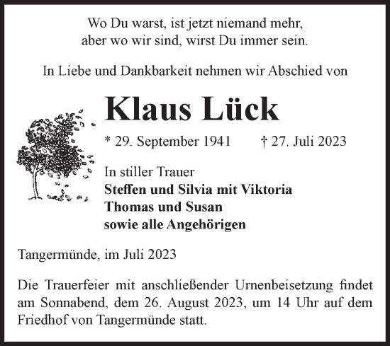 Traueranzeige von Klaus Lück von Volksstimme Altmark Ost