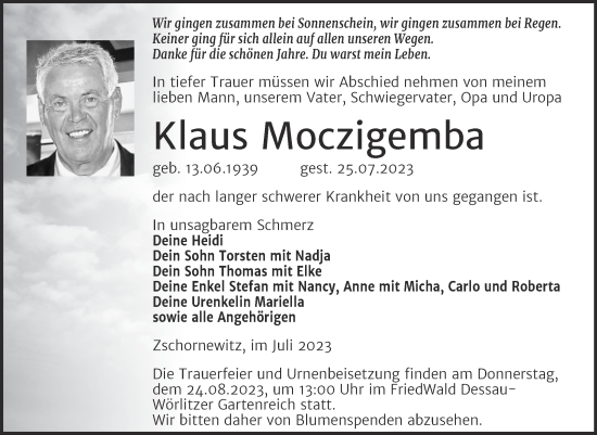 Traueranzeige von Klaus Moczigemba von Trauerkombi Wittenberg