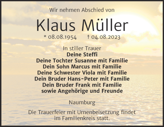 Traueranzeige von Klaus Müller von Wochenspiegel Naumburg/Nebra