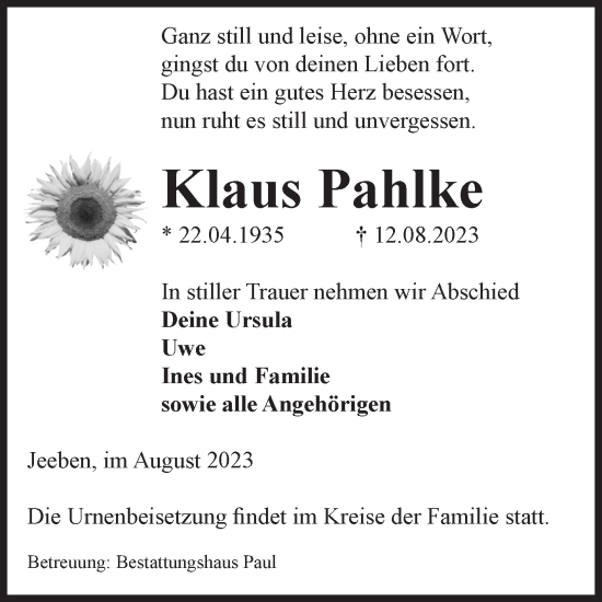 Traueranzeige von Klaus Pahlke von Volksstimme Altmark West