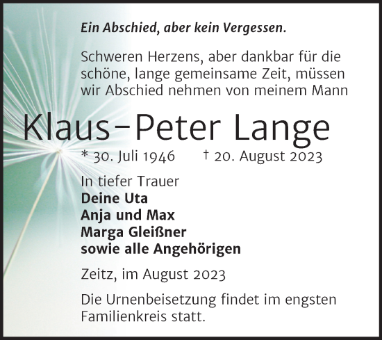 Traueranzeige von Klaus-Peter Lange von Trauerkombi Zeitz