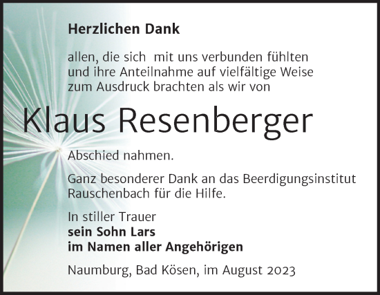 Traueranzeige von Klaus Resenberger von Naumburger Tageblatt