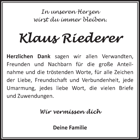 Traueranzeige von Klaus Riederer von Volksstimme Staßfurt