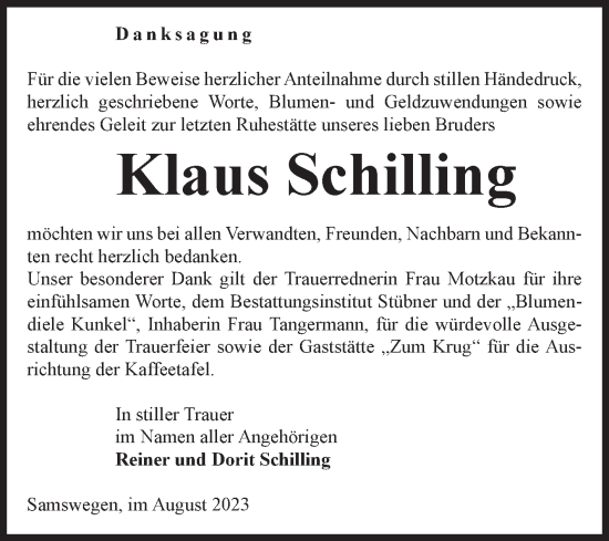 Traueranzeige von Klaus Schilling von Volksstimme Haldensleben/Wolmirstedt