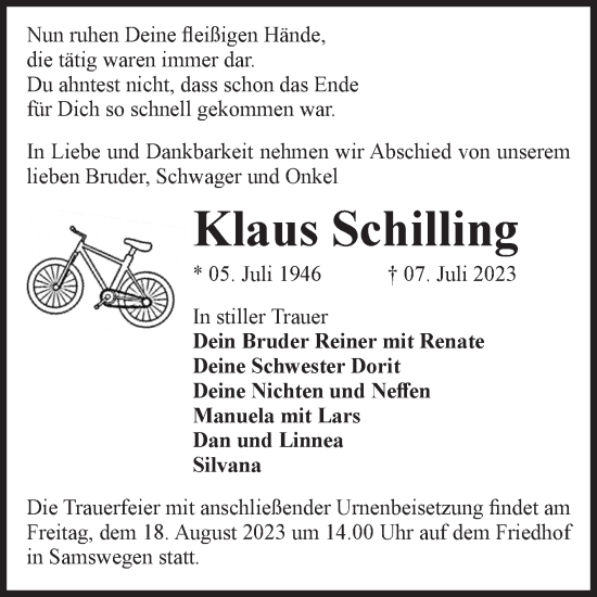 Traueranzeige von Klaus Schilling von Volksstimme Haldensleben/Wolmirstedt
