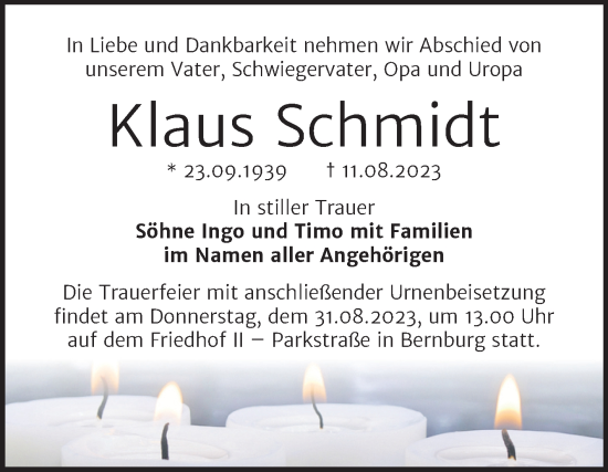 Traueranzeige von Klaus Schmidt von Trauerkombi Bernburg