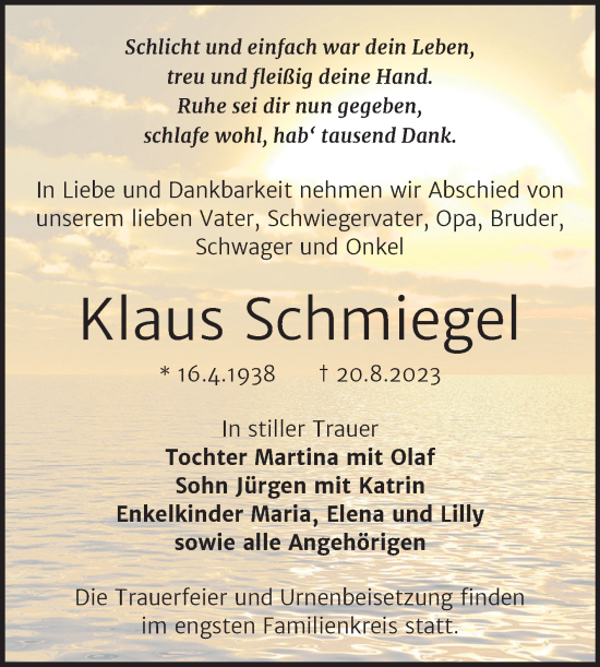 Traueranzeige von Klaus Schmiegel von Trauerkombi Köthen