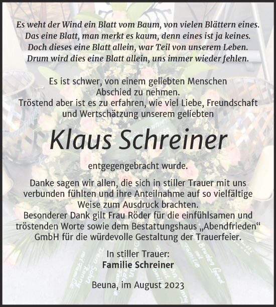 Traueranzeige von Klaus Schreiner von Trauerkombi Merseburg
