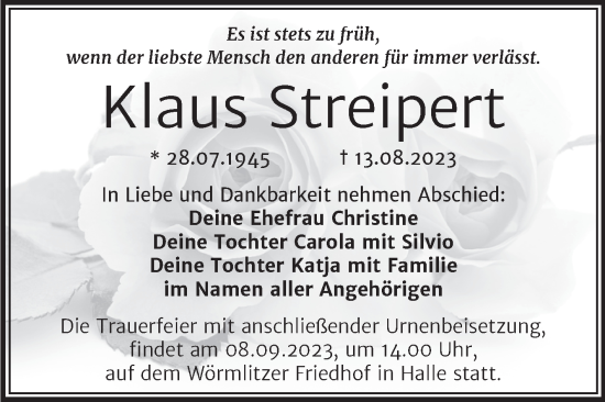 Traueranzeige von Klaus Streipert von Mitteldeutsche Zeitung Halle/Saalkreis