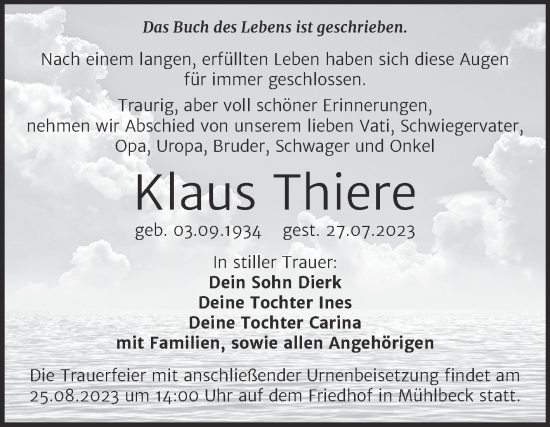 Traueranzeige von Klaus Thiere von Trauerkombi Bitterfeld
