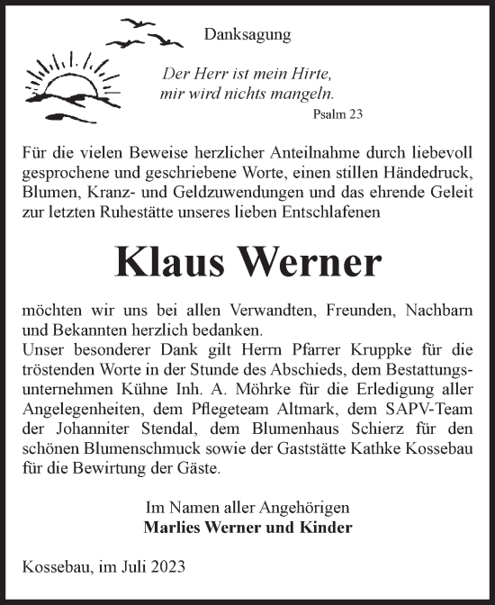 Traueranzeige von Klaus Werner von Volksstimme Altmark Ost