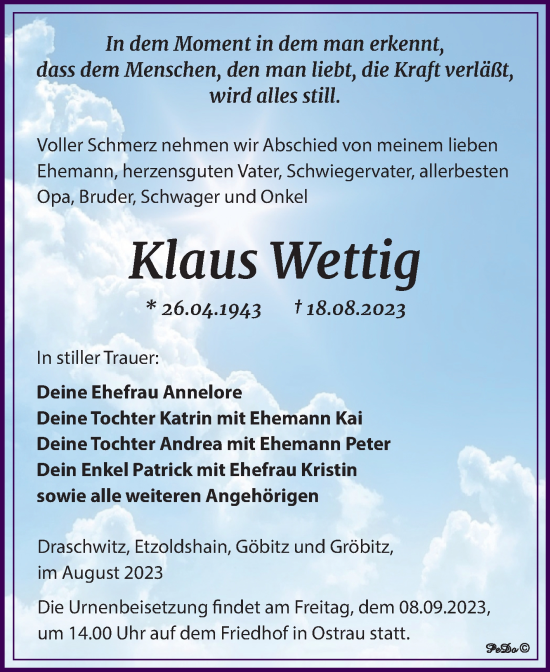 Traueranzeige von Klaus Wettig von Trauerkombi Zeitz