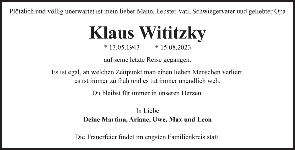  Traueranzeige für Klaus Wititzky vom 19.08.2023 aus Volksstimme Magdeburg