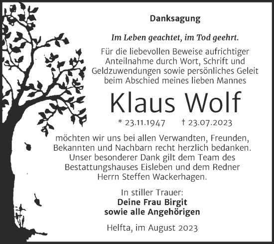 Traueranzeige von Klaus Wolf von Trauerkombi Mansfelder Land