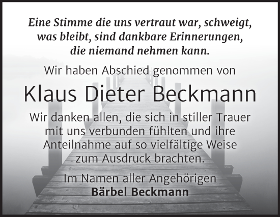 Traueranzeige von Klaus Dieter Beckmann 