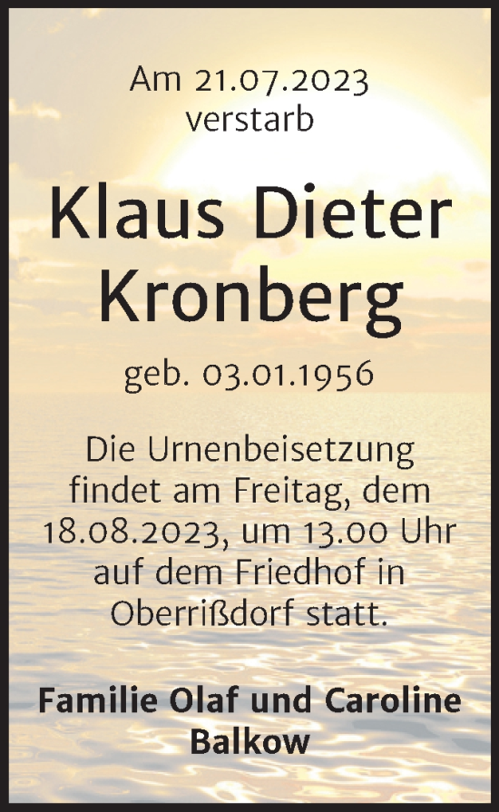 Traueranzeige von Klaus Dieter Kronberg von Trauerkombi Mansfelder Land