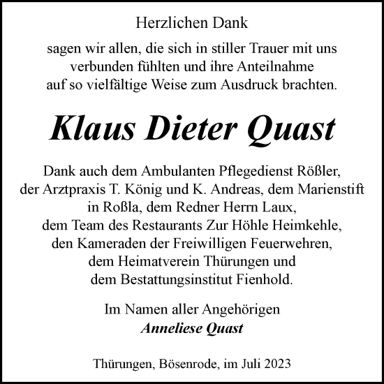 Traueranzeige von Klaus Dieter Quast von Trauerkombi Sangerhausen