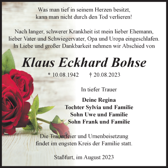 Traueranzeige von Klaus Eckhard Bohse von Volksstimme Staßfurt