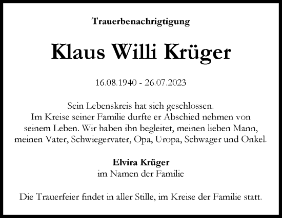 Traueranzeige von Klaus Willi Krüger von Trauerkombi Bitterfeld