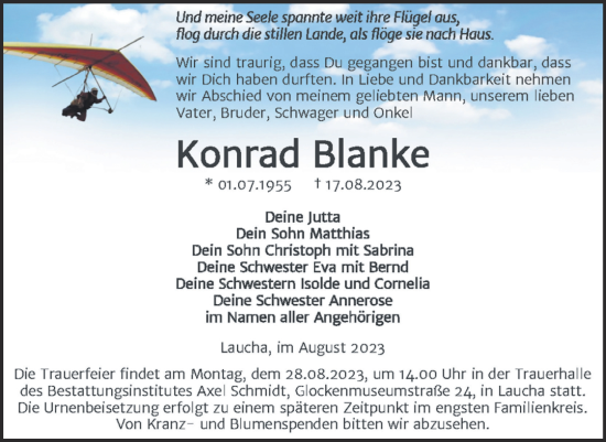 Traueranzeige von Konrad Blanke von Naumburger Tageblatt