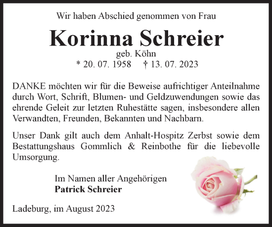 Traueranzeige von Korinna Schreier von Volksstimme Zerbst