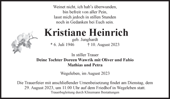 Traueranzeige von Kristiane Heinrich von Volksstimme Halberstadt