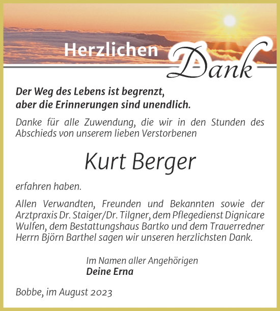 Traueranzeige von Kurt Berger von Trauerkombi Köthen