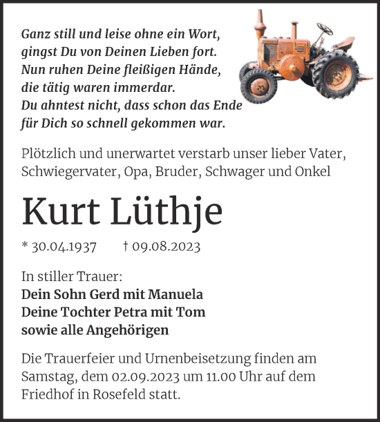 Traueranzeige von Kurt Lüthje von Trauerkombi Köthen