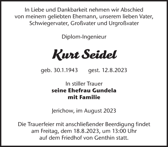 Traueranzeige von Kurt Seidel von Volksstimme Burg/Genthin