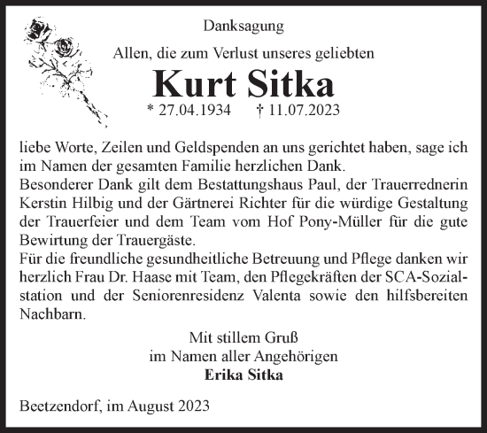 Traueranzeige von Kurt Sitka von Volksstimme Altmark West