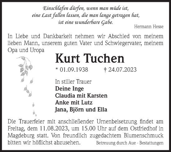 Traueranzeige von Kurt Tuchen von Volksstimme Magdeburg