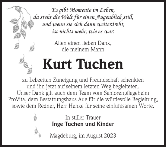 Traueranzeige von Kurt Tuchen von Volksstimme Magdeburg