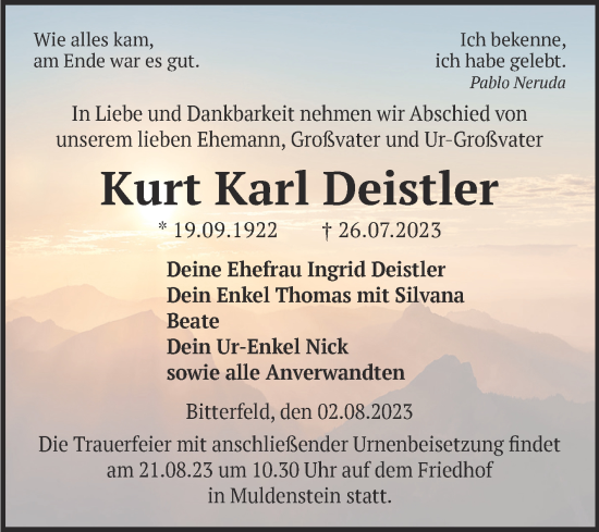Traueranzeige von Kurt Karl Deistler von Trauerkombi Bitterfeld
