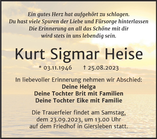 Traueranzeige von Kurt Sigmar Heise von Trauerkombi Aschersleben