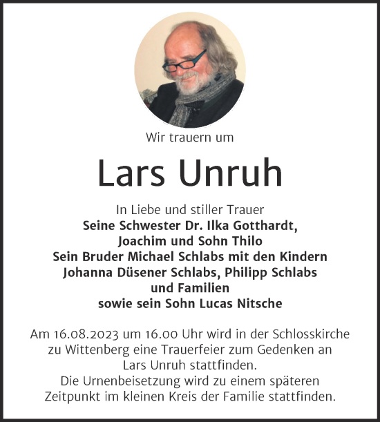 Traueranzeige von Lars Unruh von Trauerkombi Wittenberg