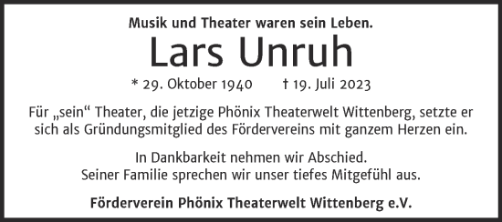 Traueranzeige von Lars Unruh von Super Sonntag Wittenberg