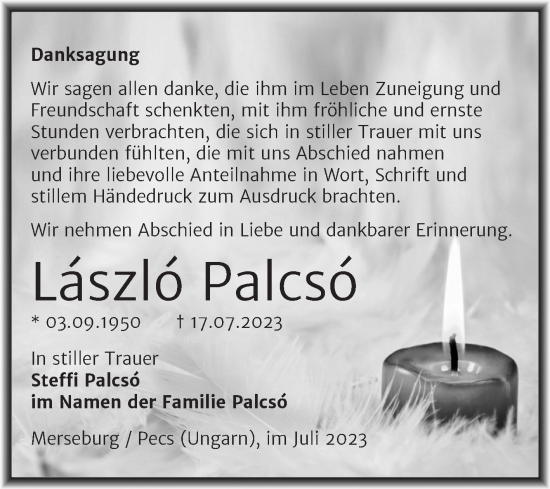 Traueranzeige von Laszlo Palcso von Trauerkombi Merseburg