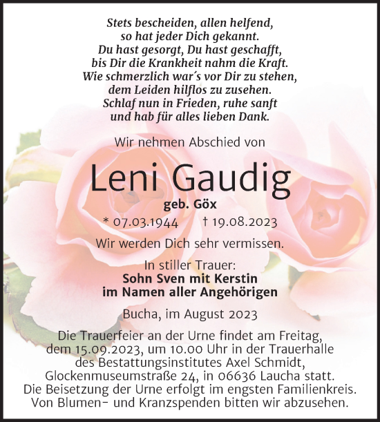 Traueranzeige von Leni Gaudig von Wochenspiegel Naumburg/Nebra
