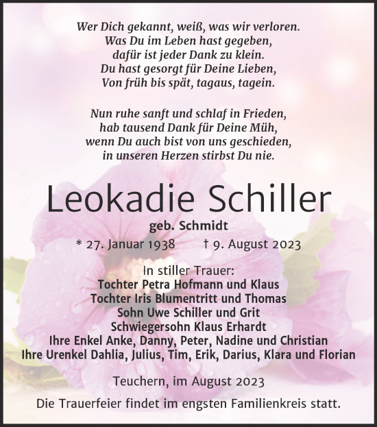 Traueranzeige von Leokadie Schiller von Trauerkombi Weißenfels
