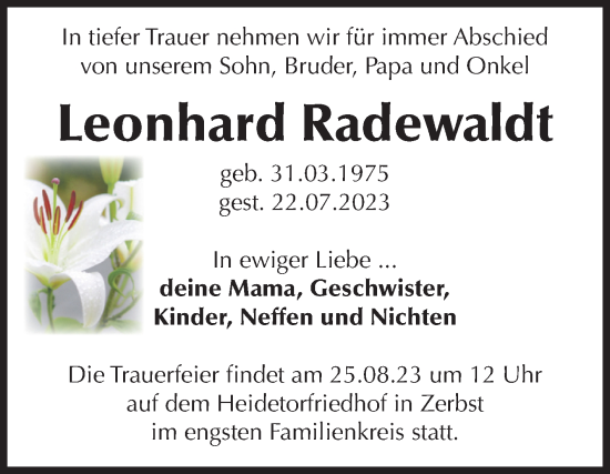 Traueranzeige von Leonhard Radewaldt von Volksstimme Zerbst